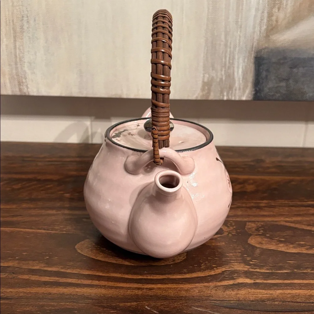 Vintage Sousaku Japan Ceramic Pink Teapot Cherry Blossoms Bamboo Handle - Picture 4 of 8